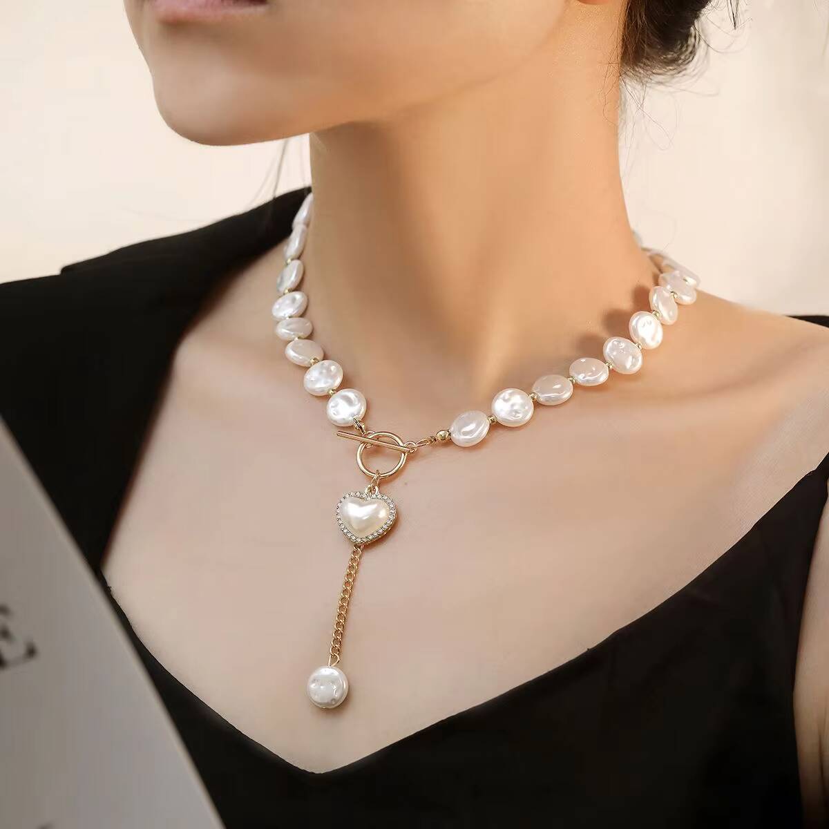 Single Layer Baroque Imitation Pearl Choker Necklace Heart Pendant Cross-border Buddhist Jewelry Set
