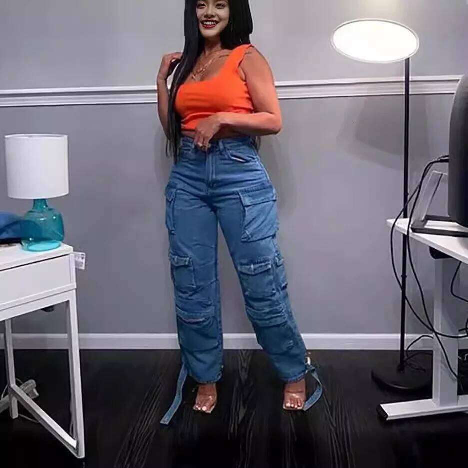 Europe The United States High-waisted Multi-pocket Long Jeans, Women's Spring and Autumn New Trend Loose Splice Cargo Jeans