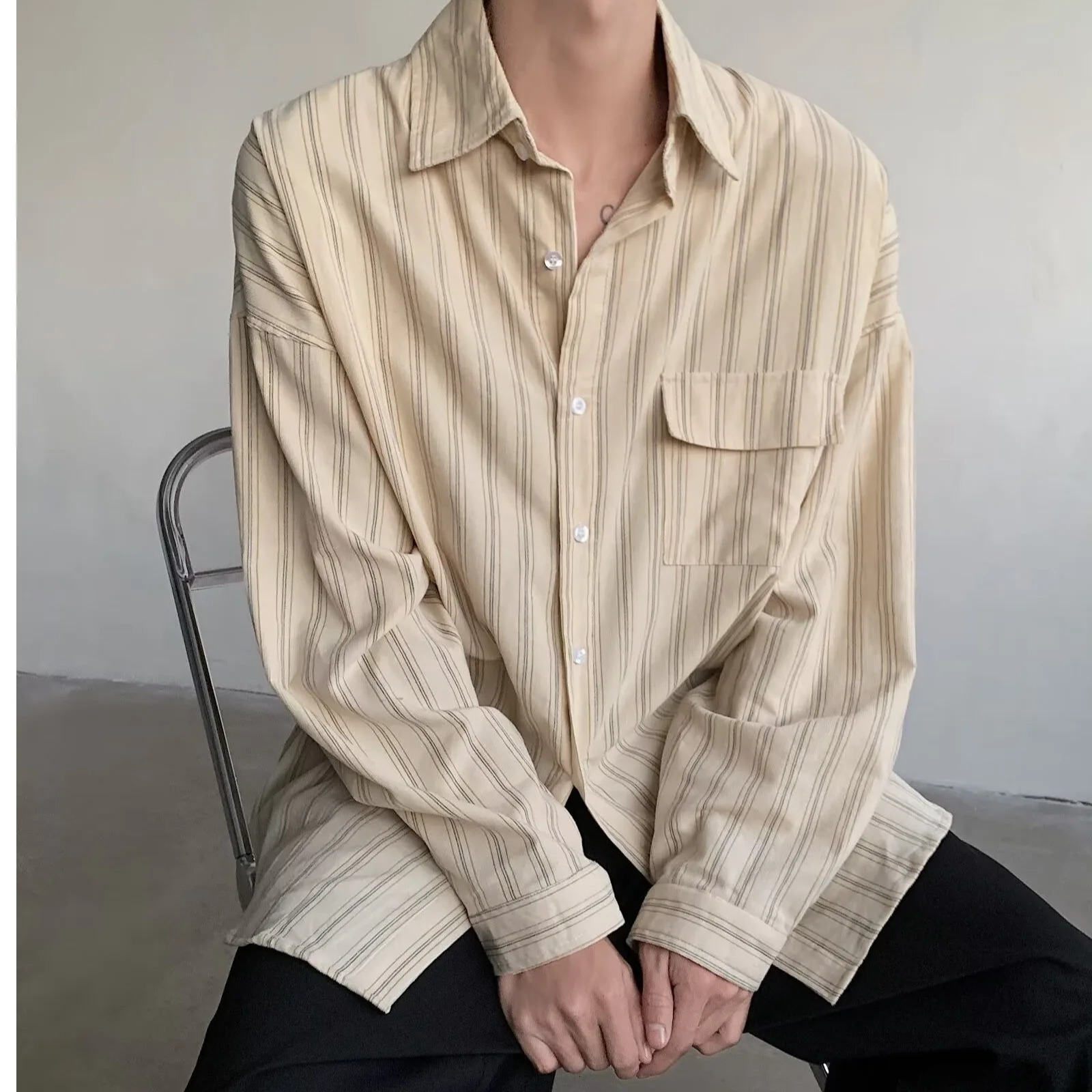 Mens Striped long-sleeved Shirt Korea Style Button Up Harajuku Fashion Oversize Blouse High Quality Shirt for Men 250813