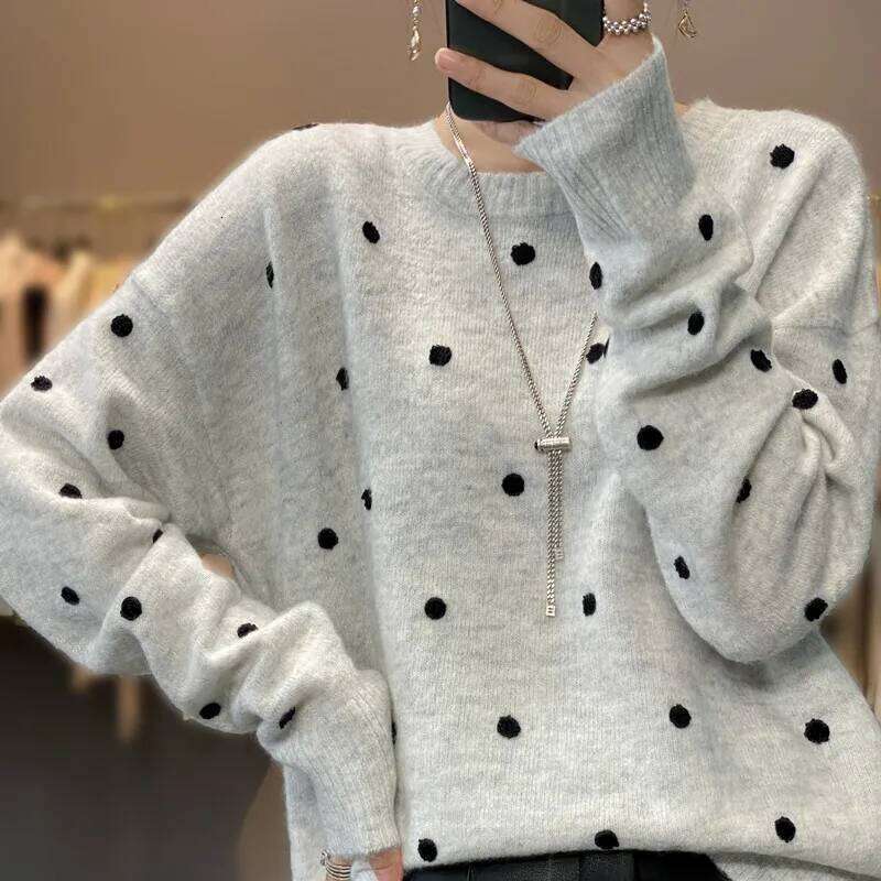 European Station 2022 New Goods Puffed Wool Sweater Women Polka Dot Round Neck Cashmere Pullover Long Sleeve Top Trend 20250809