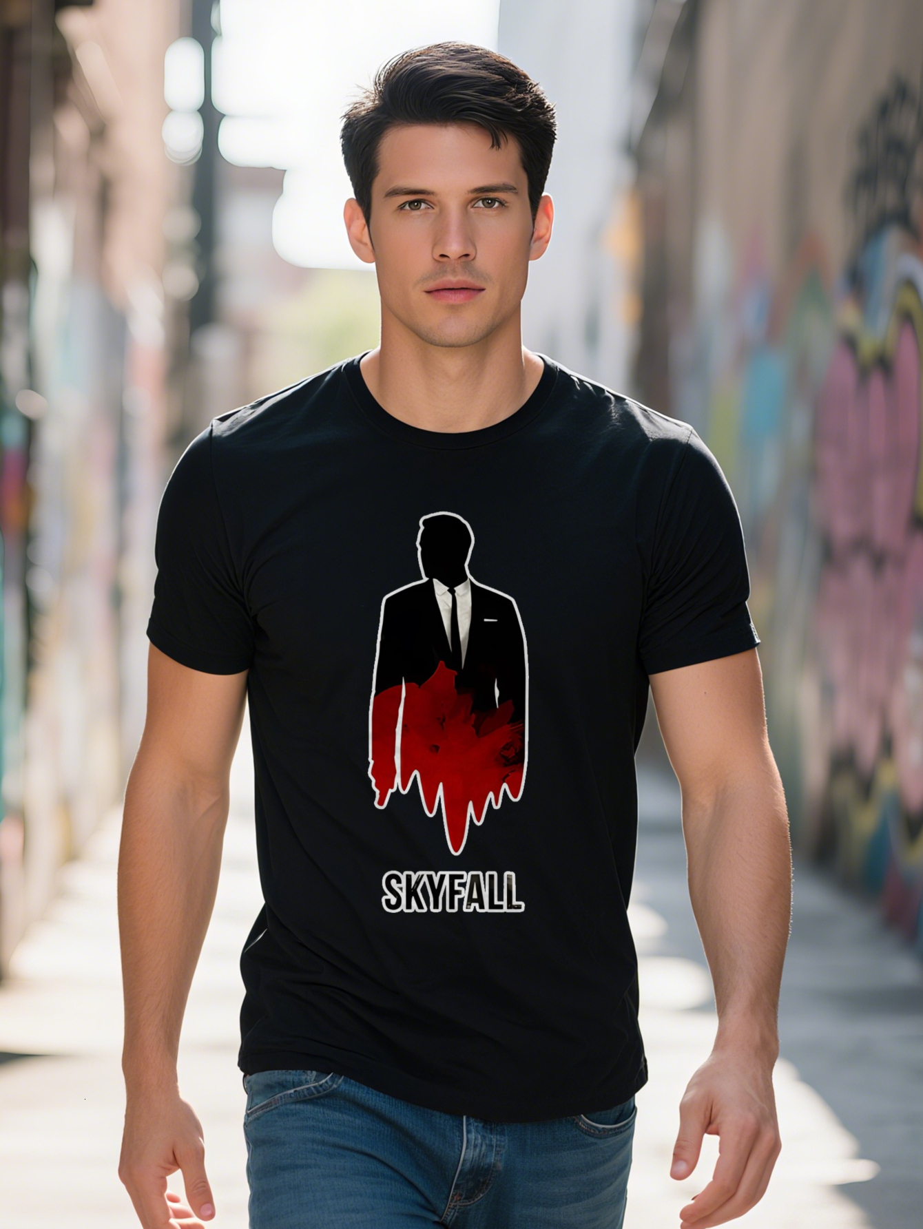 Men s Casual Graphic T Black Suit White Shirt Artistic with Red Drip SKYFALL Text Breathable Round Neck Summer
