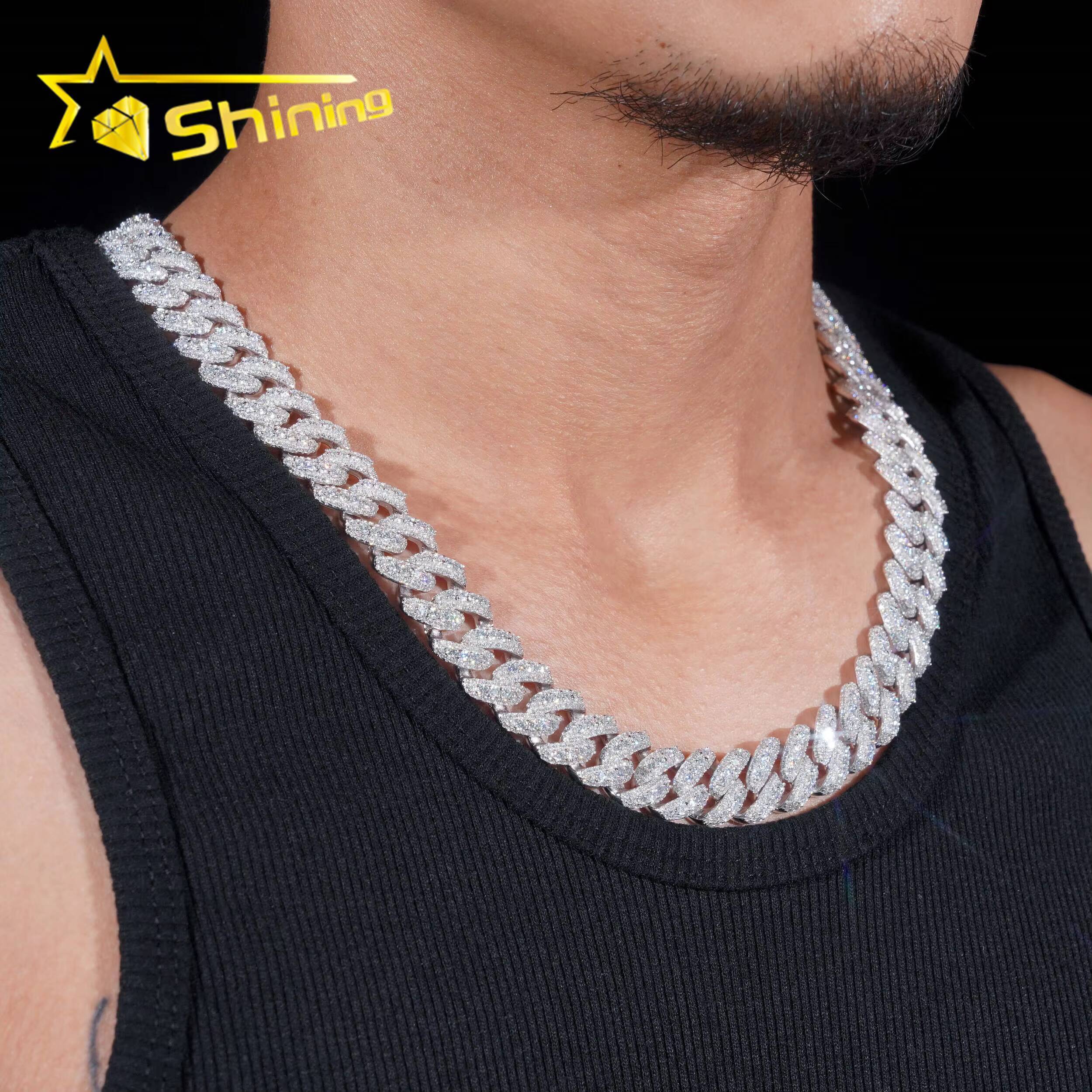 Promotion Factory Price 15mm Solid 925 Sterling Silver Gold Plated GRA Certified VVS Iced Out Moissanite Cuban Link Chain