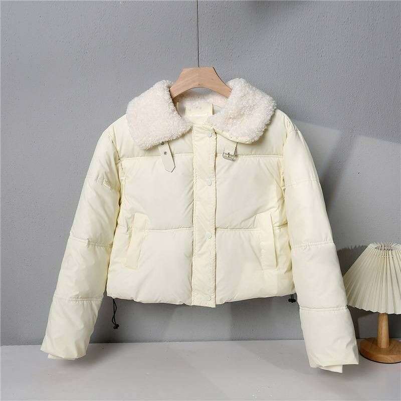 Lamb wool wash free PU leather down cotton jacket for women, short winter thick stand up collar bread jacket, small fur collar jacket