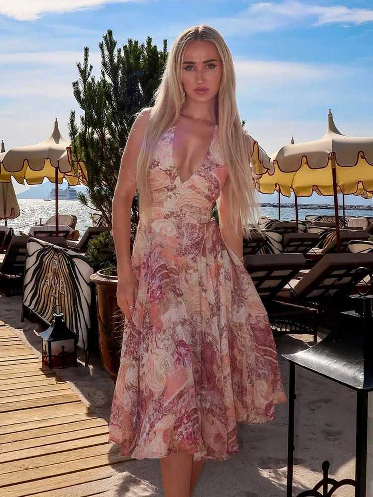 Floral Print Halter High Waist Flowy Midi Dress for Beach School/Graduation Evening Dating Backless XJ250814