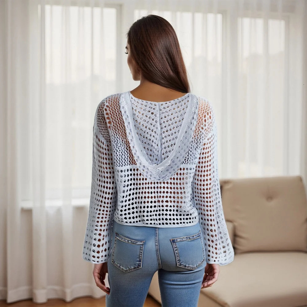 Puloru Hollow Out Knit Crochet Pullover Tops American Flag Long Sleeve Scoop Neck Sweater Womens Loose Knitwear Cover-up Smocks 250808