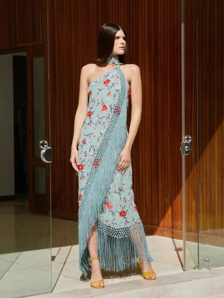 Print Tassels One-piece Long Dress Women Elegant Scarf Collar Sleeveless Backless Slim Party Dresses Fashion Ladies Vestidos 250813