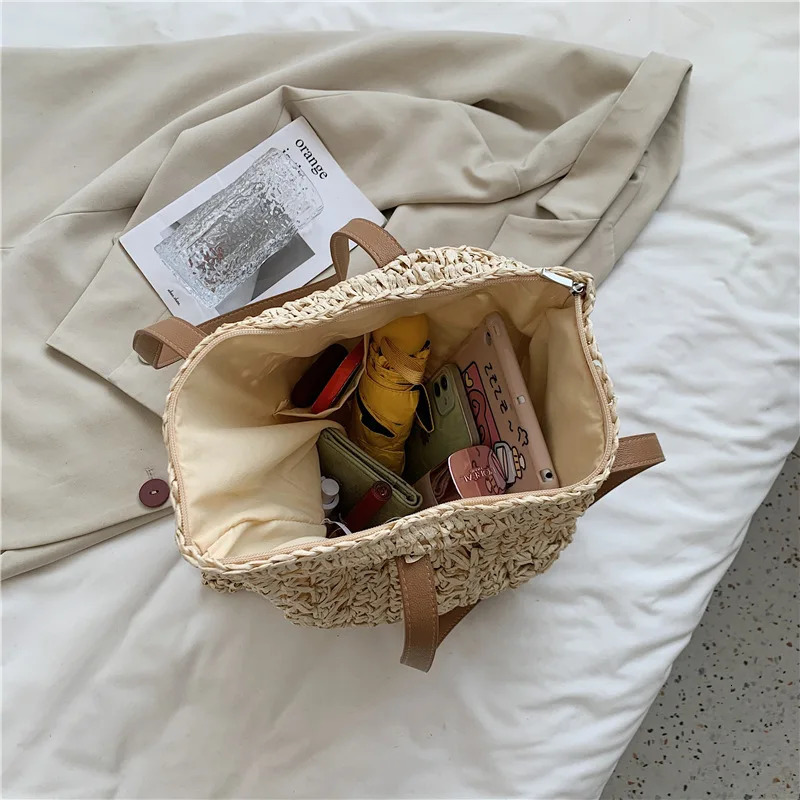 Square Hollow Straw Beach Bag Handmade Woven Shoulder Bag Raffia Rattan Shopping Travel Bag Bohemian Summer Vacation Casual Tote250813