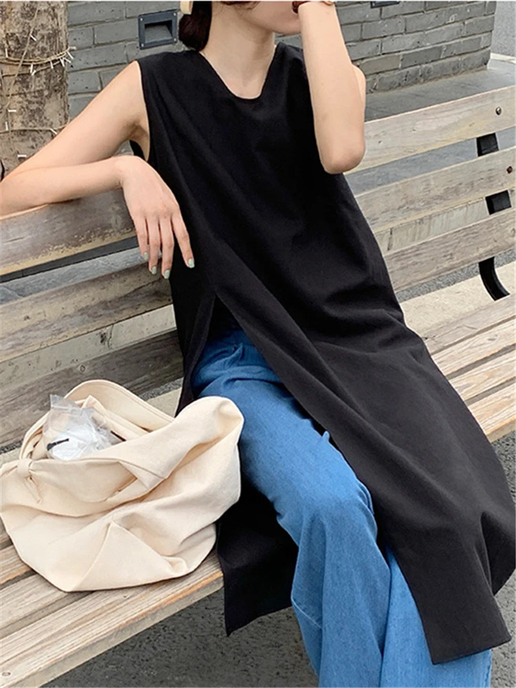 REALEFT Summer Vintage Cotton Linen Womens Dresses Sleeveless High Waist Casual V-Neck Side Split A-Line Dress Female 250813