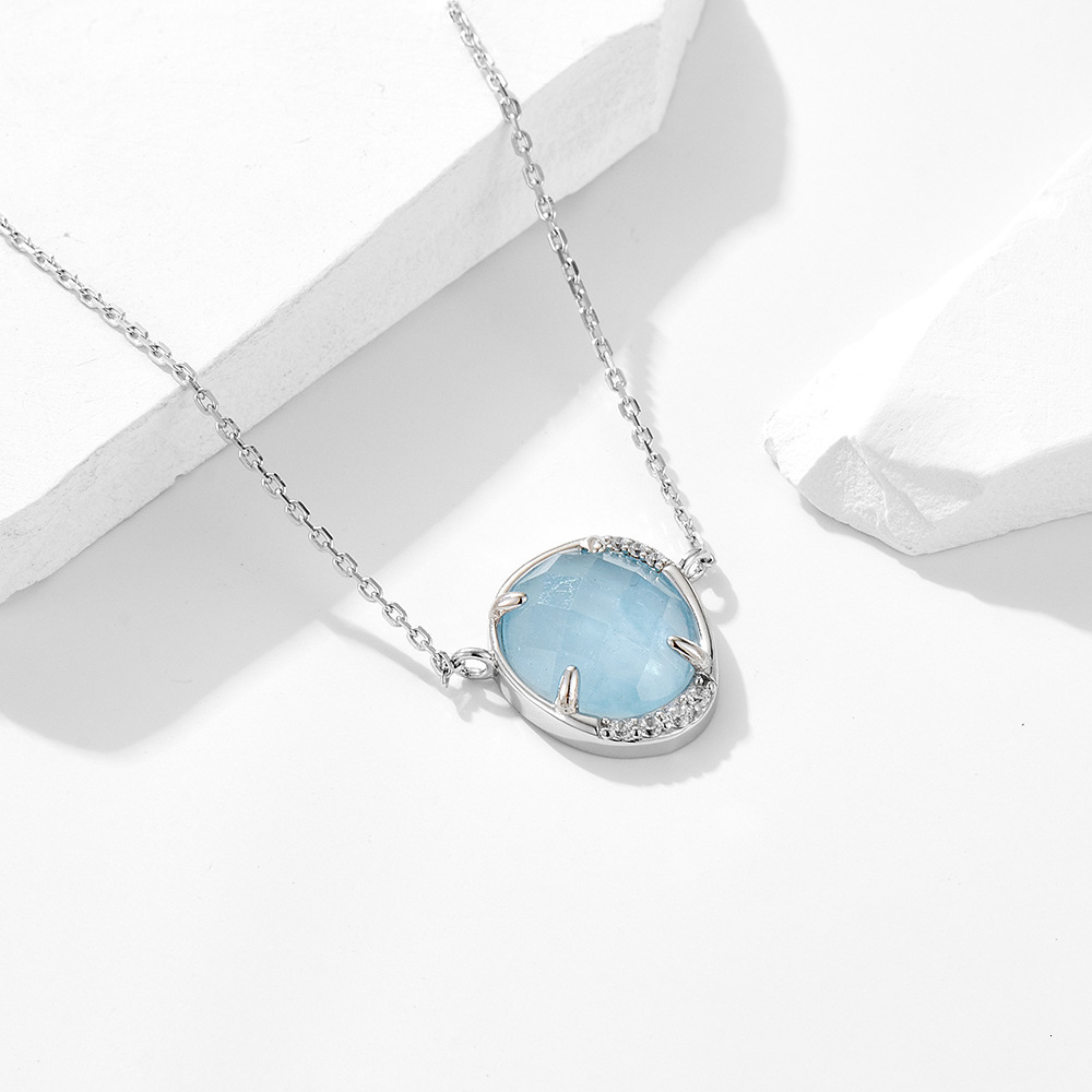 Oval Egg-Shaped Natural Aquamarine Pendant Sterling Sier Necklace for Women, Niche High-End Clavicle Chain Jewelry for Women