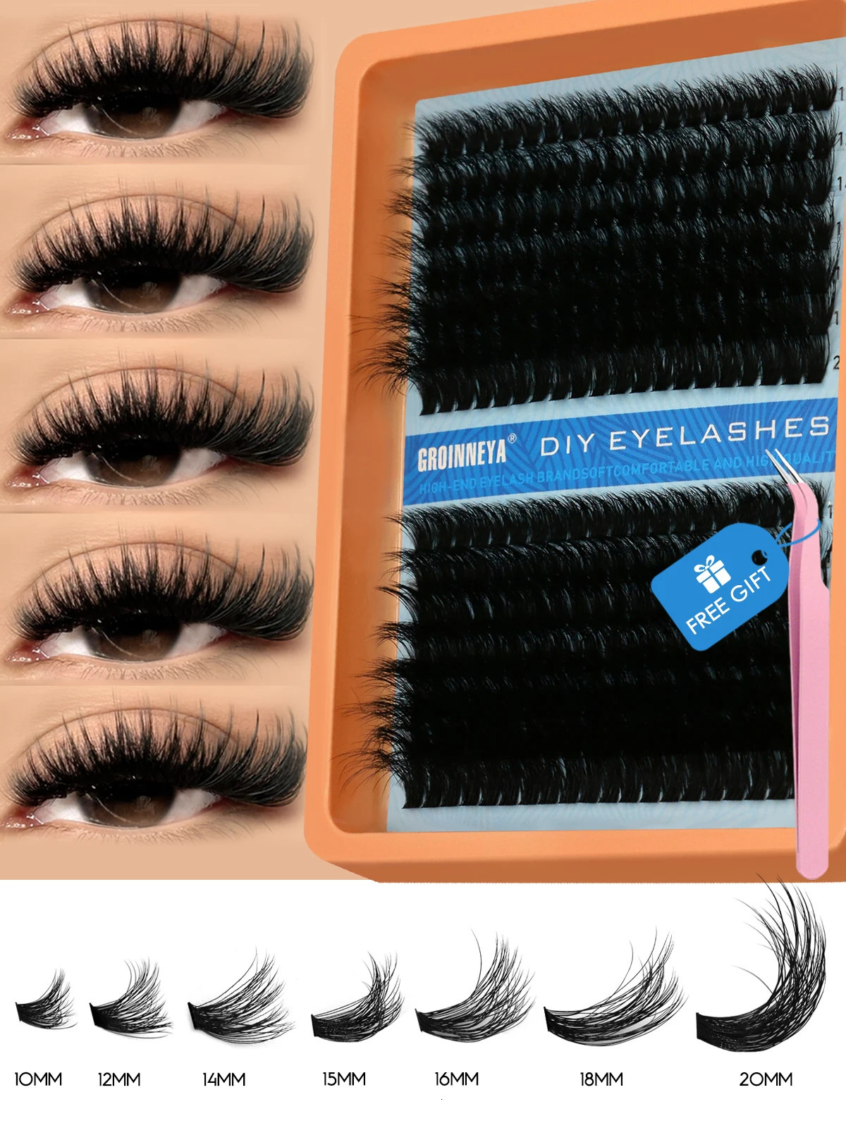 GROINNEYA Cluster Lashes Kit Fluffy Individual Volume Mixed Tray Faux Mink Eyelash Makeup 250811