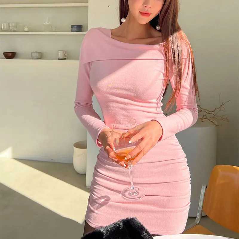 Pink Sweet Dresses New Spring Women Streetwear Fashion O-Neck Long Sleeve Dress Solid Sexy Bodycon Mini Dresses Fe Clothing XJ250814