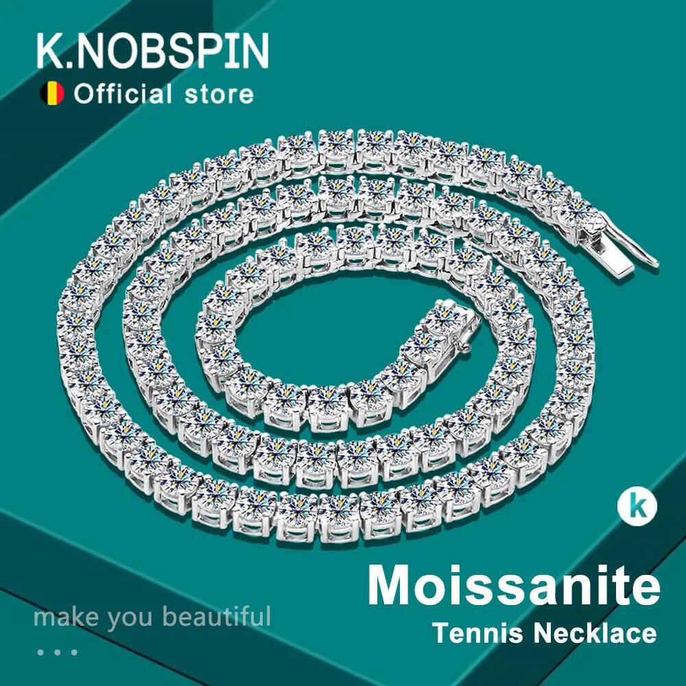 KNOBSPIN D Color Moissanite Tennis Necklace 925 Sterling Sliver Plated 18k Gold Necklace for Woman Man Hiphop Party Jewelry