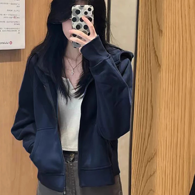 Female Casual Koreanstyle Jacket Allmatched Zipper Long Sleeve Hooded Sweatshirts Outer Pockets Sports Short Open Cardigan 250813