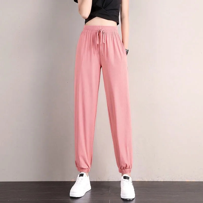 1pcs Summer Womens Ice Silk Pants Female High Elastic Waist Drawstring Pocket Loose Straight Trousers Student Sports Harun 250808
