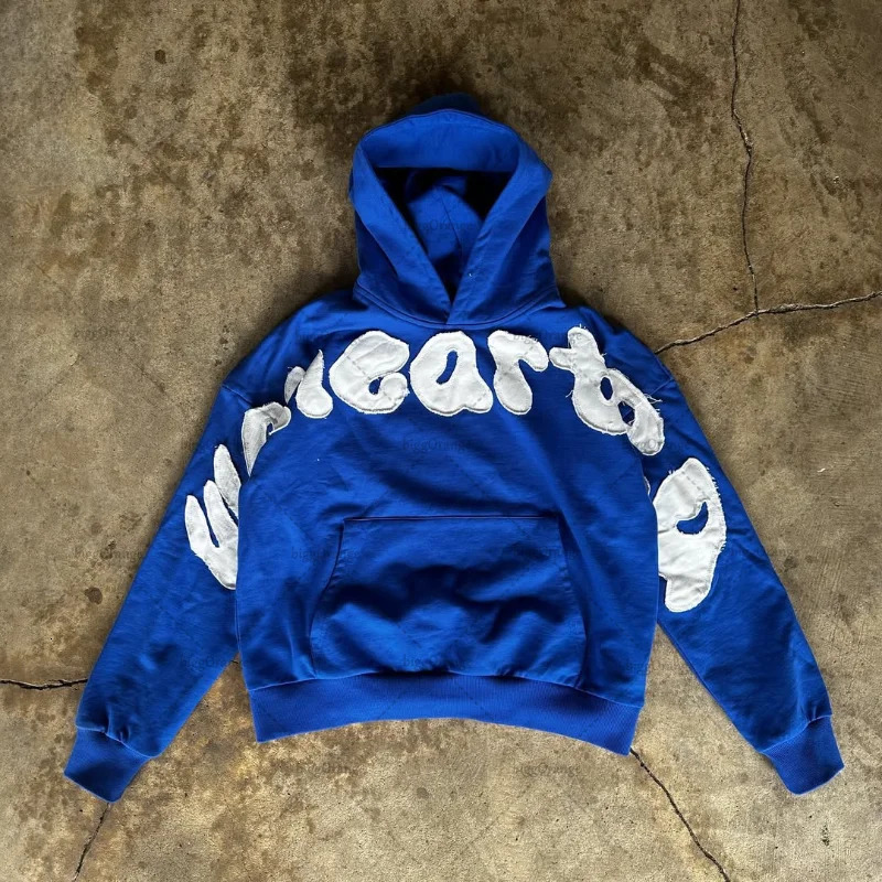 American style blue pullover trendy retro patchwork embroidery men hoodie sweatshirt Harajuku Gothic loose sweatshirt 250813