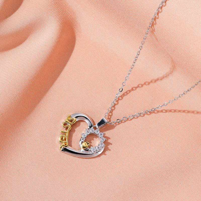 Popular Sisters Necklace Creative Heart SISTER Micro Pave Zircon Collarbone Chain Personality Pendant For Women