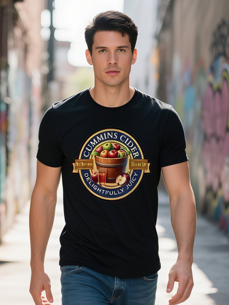 Men s Short Sleeve T Shirt with Cider Themed Graphic Print Black Round Neck Summer Top Breathable Versatile