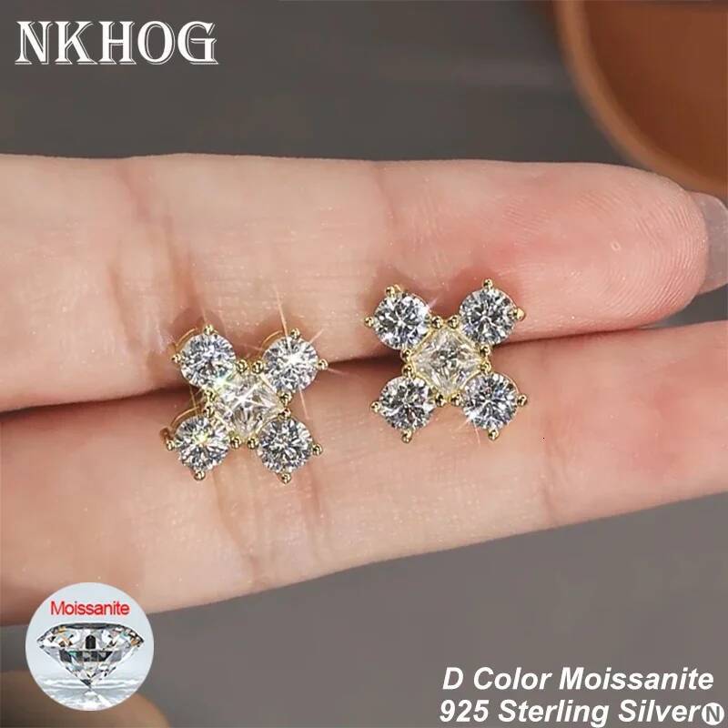 NKHOG Moissanite Stud Earrings 925 Sterling Silver 18K Gold Plated Sparkling Cross Diamond Ear Studs Women Jewelry Gift with GRA