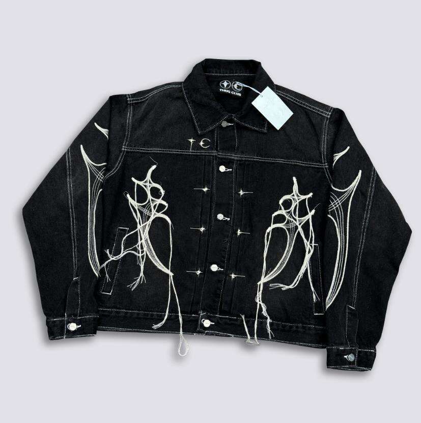 24FW Thug Club Tribal Tree Beard Line Embroidery Korean Vibe Style Loose Jeans Jacket for Men