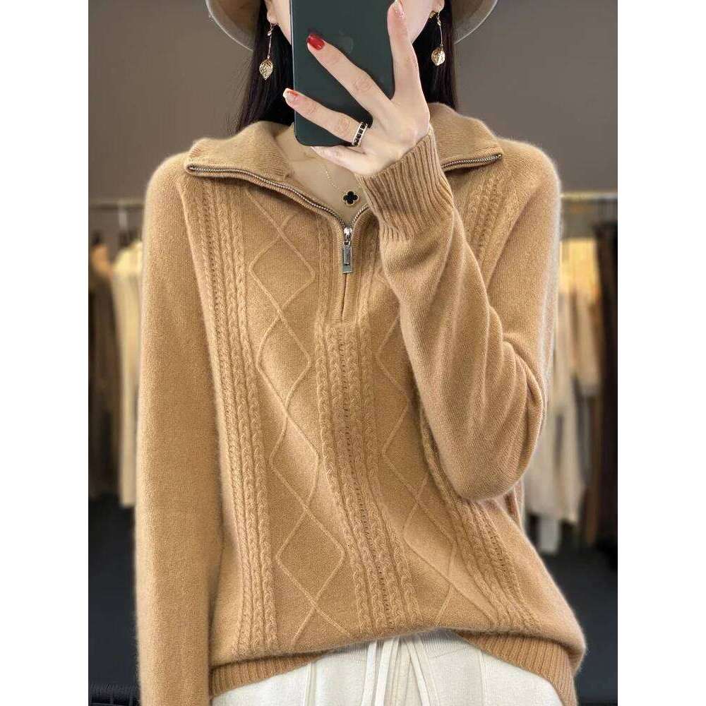 Women 100% Merino Wool Sweater Turtleneck Twisted Zipper Half Open Neck Pullover Autumn Winter Thickened Casual Knit Loose Tops 20250809