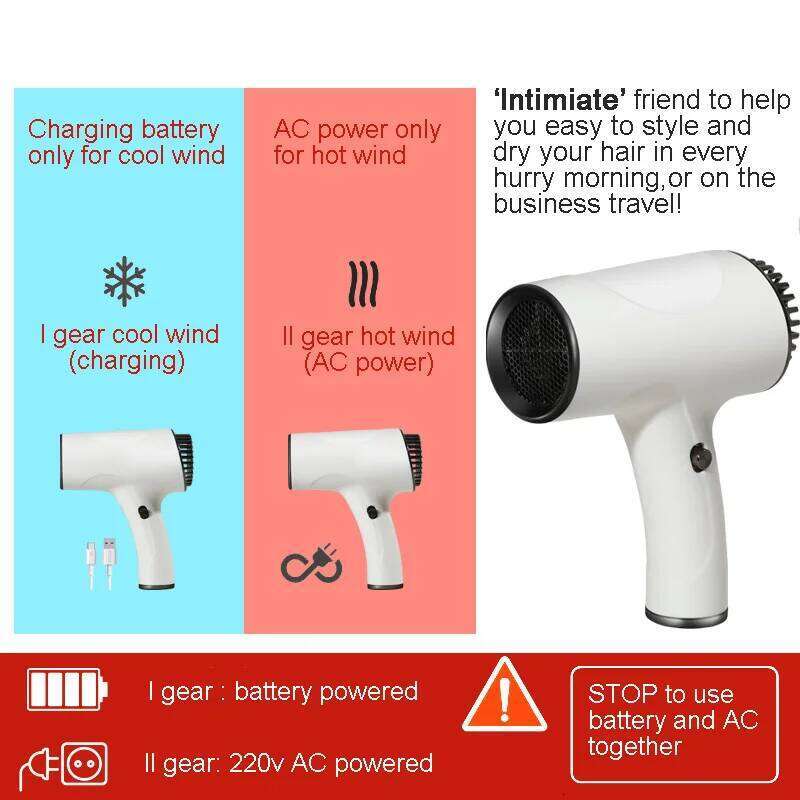 220v Cord And Cordless Dual Use Blower Hot Cold Even Wind 2 Gears Portable Mini Hair Dryer For Home Travel Art Making