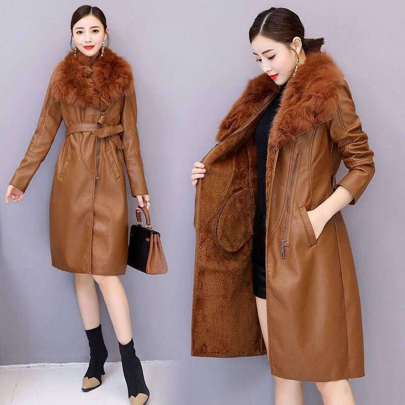 Big Fur Collar PU leather Jacket Autumn Winter Velvet Thicken Soft Faux PU leather Coat Women Korean Long Overcoat