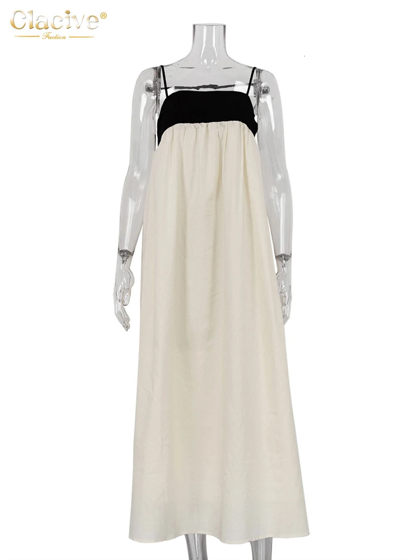 Clacive Sexy Loose Beige Cotton WomenS Dress Summer Strap Sleeveless Ankle Length Dresses Elegnat Classic Female Dress 250813