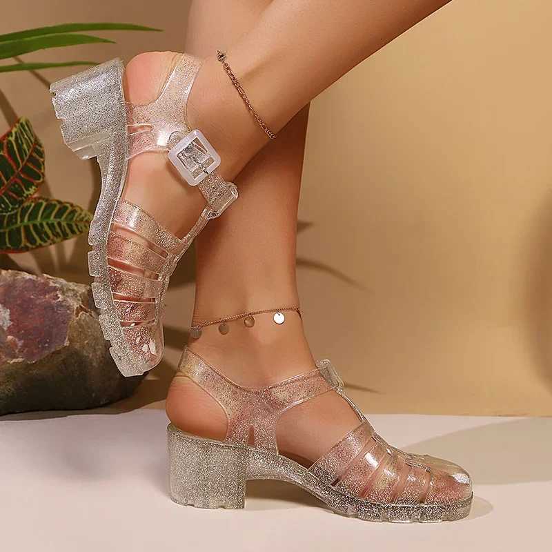 2025 Womens High Heels Crystal Sandals Transparent PVC Clear Heeled Shoes Woman Close Toe Ankle Strap Princess Sandals Mujer W250814