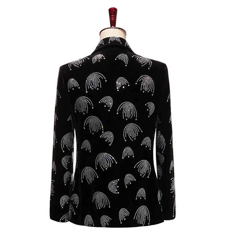 Black Velvet Rhinestones Suit Jackets Male Banquet Prom Groom Wedding Blazers Slim Fit Bar Concert Singer Host Tuxedo Stage Coat 250811