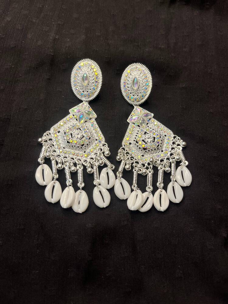 Emerald White Sier Chandbali Indian Fashion Earrings Long Tassel Oxidized Two-tone Tribal Style India