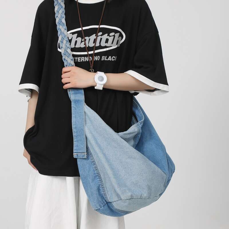 New Korean Version Ins Color Block Denim Crossbody Bag for Women, Lazy Style Large Capacity Shoulder Bag, Bags Designer Women Artistic Student Backpac