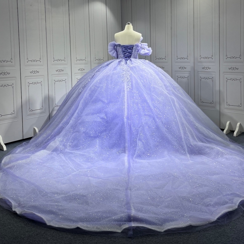 Blue Shiny Quinceanera Dresses Off The Shoulder Sequin Applique Beading Tull Party Birthday Ball Gown Vestidos De 15 Anos Sweet 16 Dress