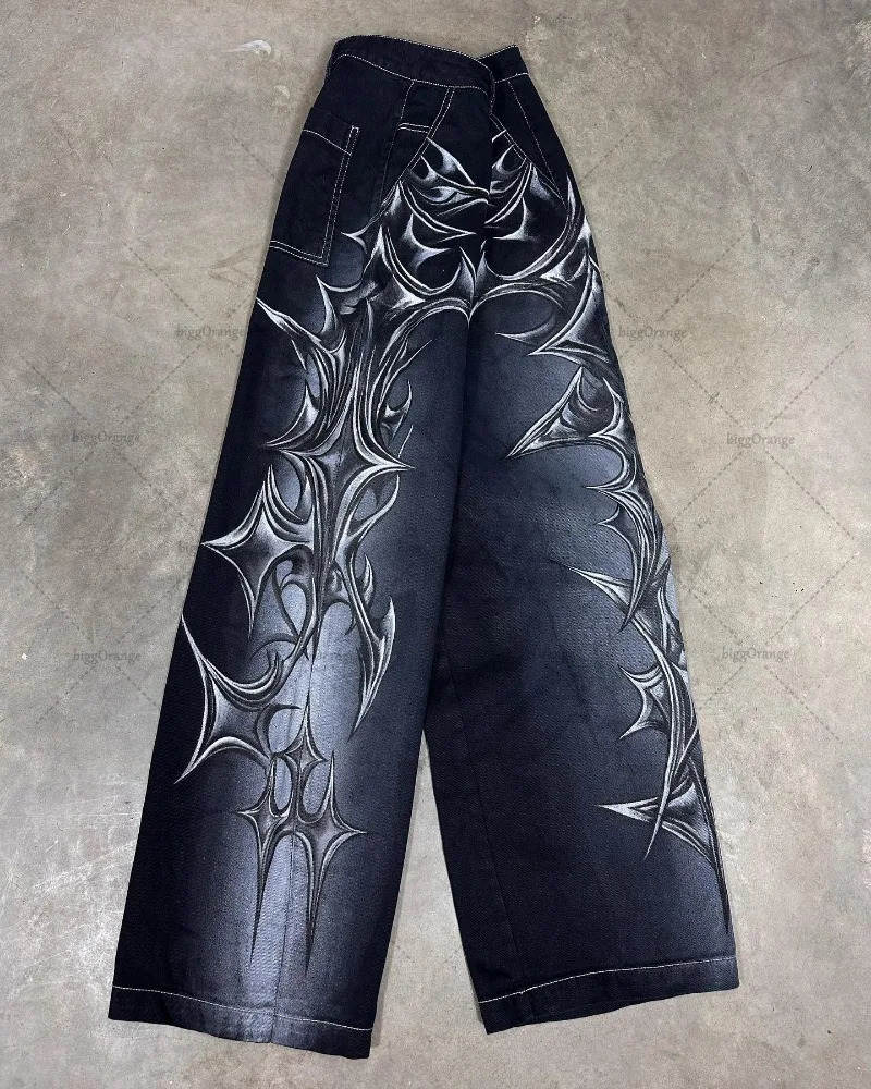 Y2K Harajuku Retro Blade Fashionable Versatile Jeans Men Street Hip-hop Casual Loose Straight Wide-leg Pants Women 250813