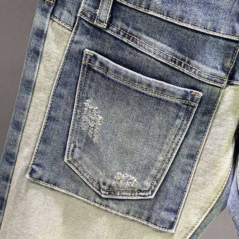 High end retro 2025 new patchwork motorcycle jeans men's fashion Korean version slim fit small straight leg pants