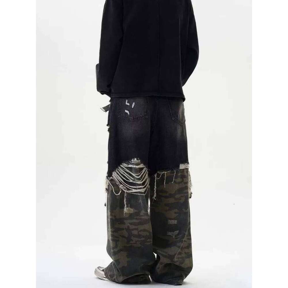 Hip-hop high street fashion diagonal breasted dark men trendy camouflage patchwork high-waisted jeans casual loose pants