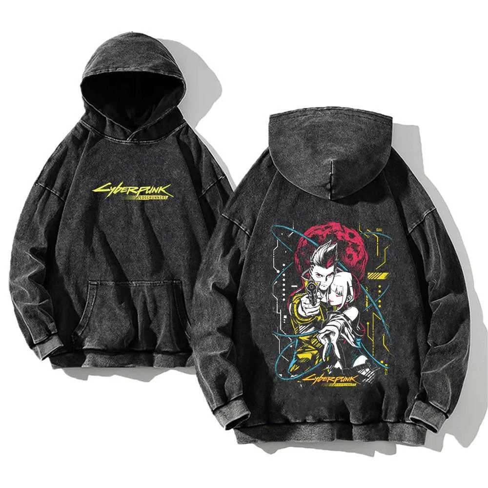 Anime Cyberpunk Edgerunners Washed Hoodies Printed Casual Men Contains Cotton Fashion Loose Pullover Unisex L250813