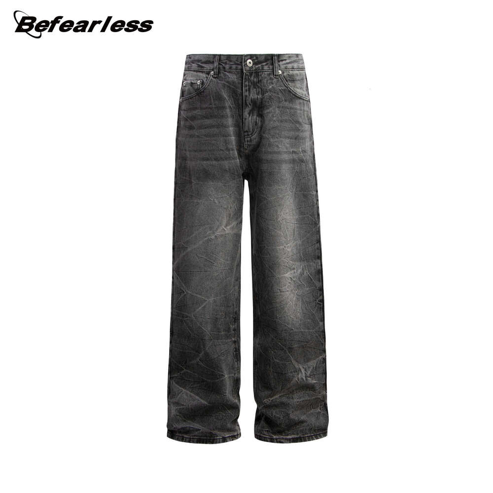 American Washed Lightning Pattern Jeans Unisex Trendy High Street Vibe Loose Casual Draped Straight Long Pants B5