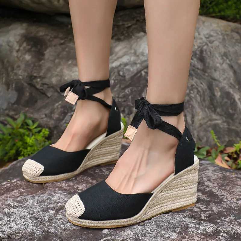 2024 Womens Espadrille Ankle Strap Sandals Comfortable Slippers Ladies Womens Casual Shoes Breathable Flax Hemp Canvas Pumps W250814