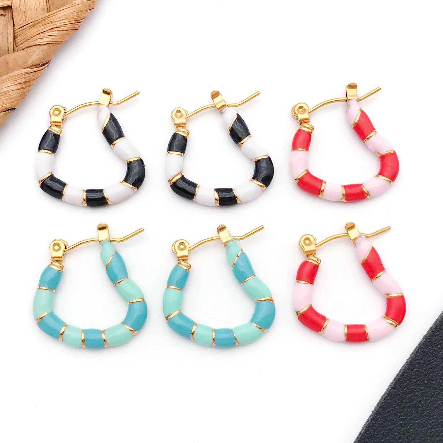 2pcs Stainless Steel Earrings Simple Geometry Colorful Enamel Bamboo Hoop Earrings for Womens Daily Wear Jewelry Accessories XJ250814