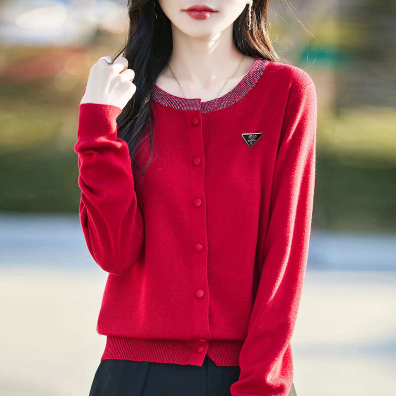 Spring New Round Neck Dia-set Women's Knitted Solid Color Cardigan Jacket Korean Loose Long-sleeved Sweater