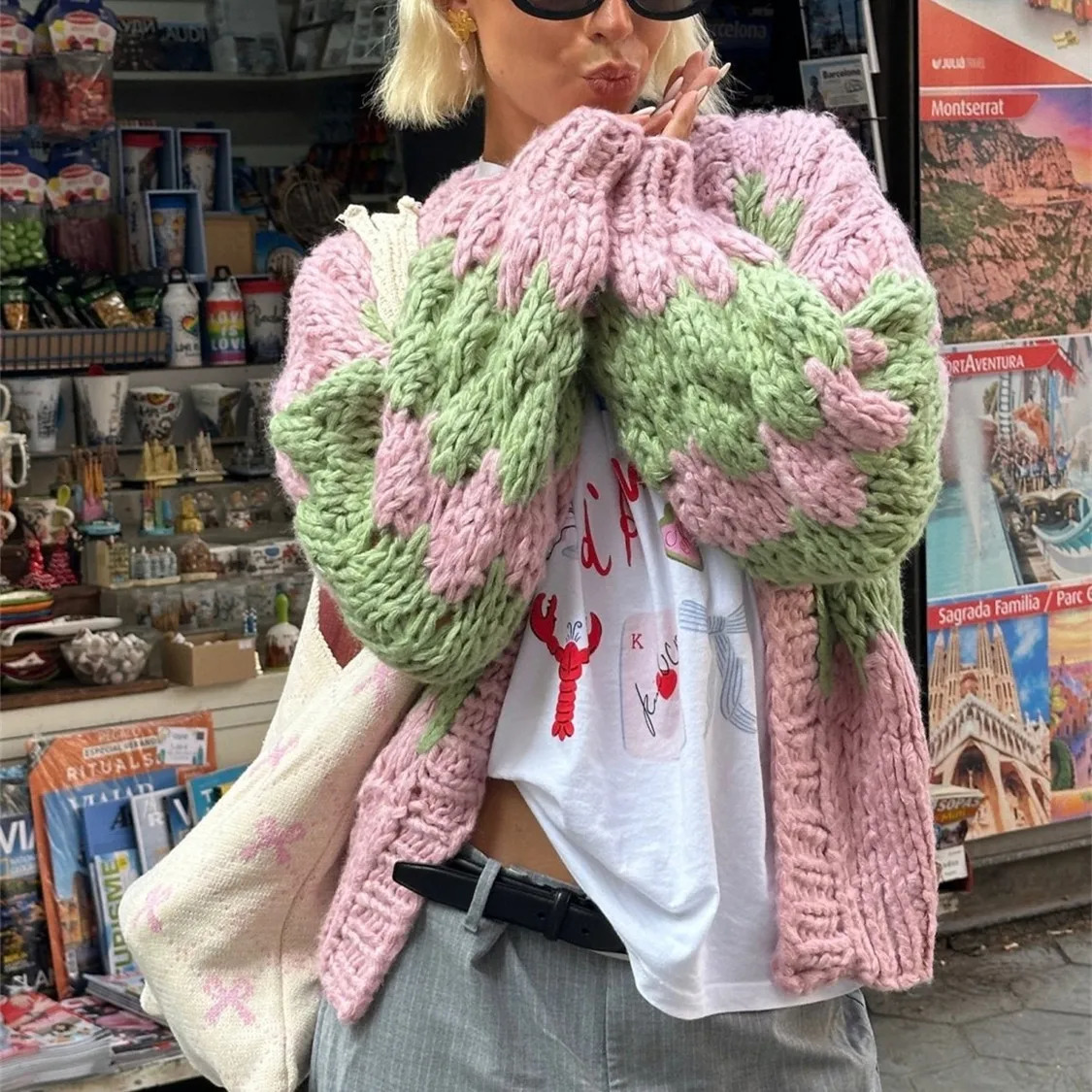 Imcute Women Oversized Cardigan Sweaters Color Block Long Sleeve y Knit Coat Y2K Open Front Colorful Cardigans 250812