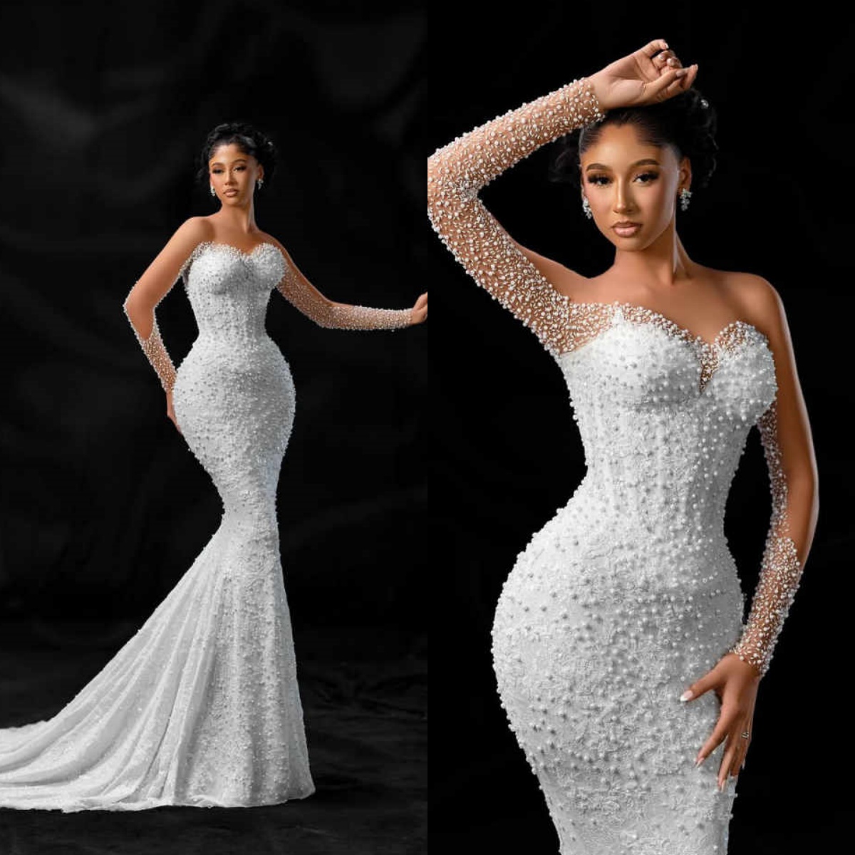 Vintage Mermaid Wedding Dress Sheer Neck Long Sleeves Bridal Gowns Sequins Pearls Sweep Train Dresses Custom Made vestidos de novia