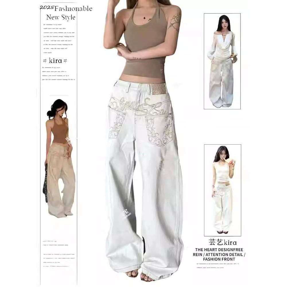 Women Embroidery Baggy Jean Japanese Y2K Streetwear Haruku Denim Pants Hip-pop 2000s Wide Leg High Street Cyber Punk Tomboy