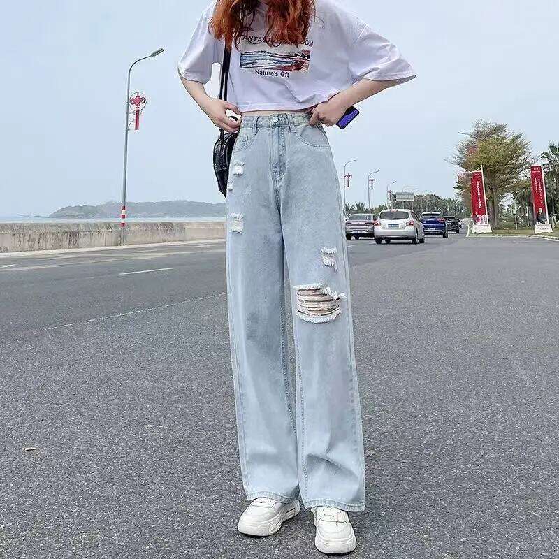 Pierced High Waist Jeans Women's Spring and Summer Straight Tube Loose 2022 New Fashion Casual Thin Wide Leg Pants