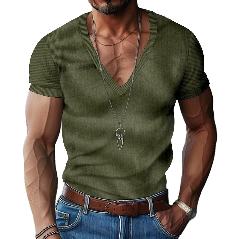 Mens corduroy T European and American summer mens clothing V-neck solid color slim fit casual T-shirt short sleeved top 250813