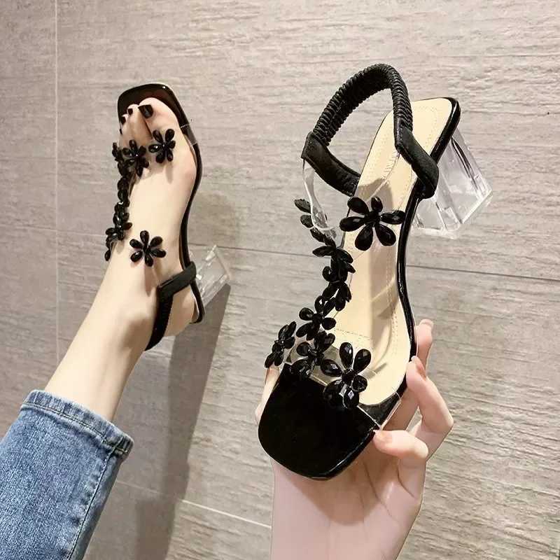 2025 Summer Fashion Womens Elegant High Heels Sandals PVC Crystal Flower Chunky Heel Peep Toe Back Strap Elastic Shoes Zapatos W250814