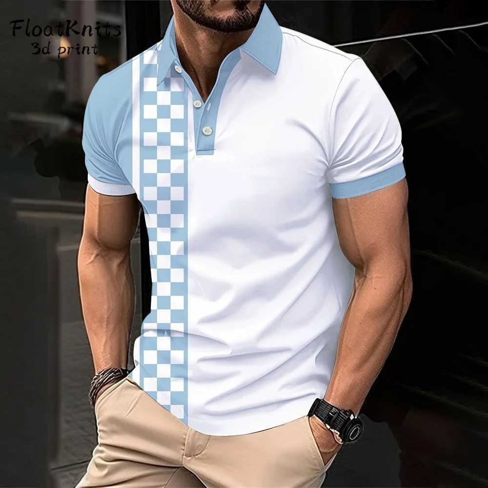 Mens Short Sleeve Polo Shirt Summer Line Plaid Printed Breathable Streetwear Fashion Splicing Mens Casual Shirt New Lapel Tops XJ250804