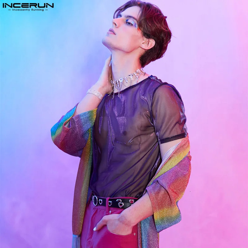 INCERUN Men T Shirt Mesh See Through Shiny O Neck Short Sleeve Sexy Tee Tops Streetwear Solid Party Nightclub Men Clothing 250813