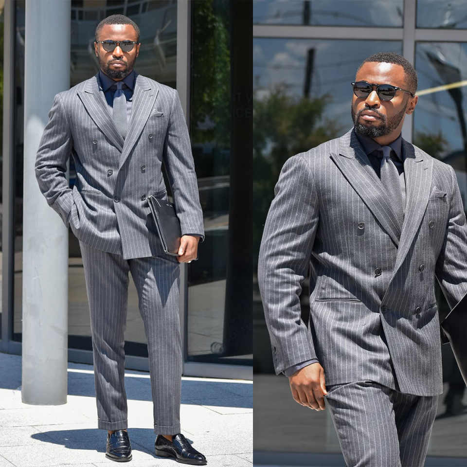 Gray Customized 2 Pieces Men Suits Notched Lapel Double Breasted Stripe Pants Sets Classic Slim Fit Groom Wedding Party Blazers