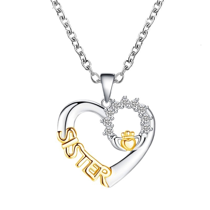 Popular Sisters Necklace Creative Heart SISTER Micro Pave Zircon Collarbone Chain Personality Pendant For Women